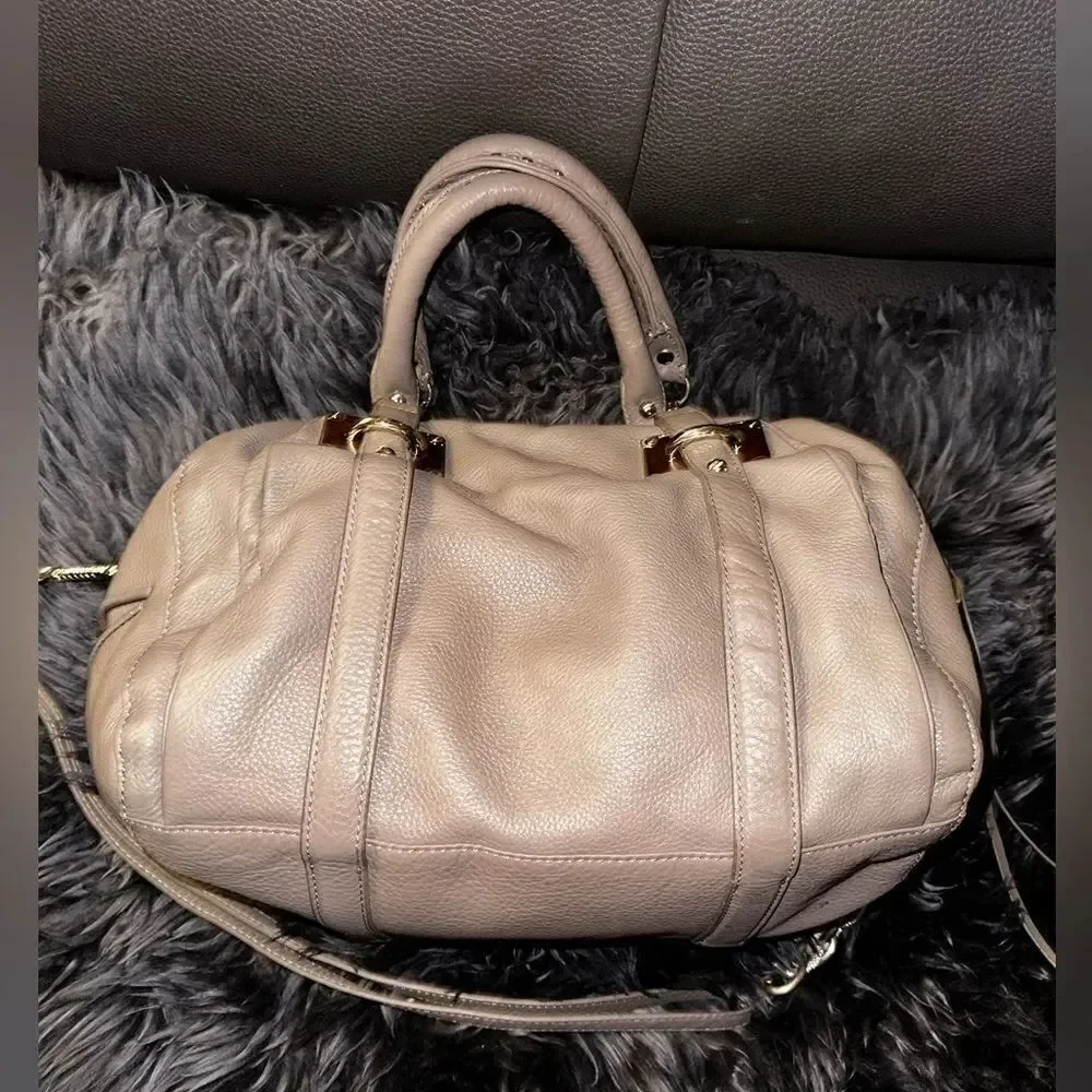 ELLIOTT LUCCA Pebbled Leather Belted Grey Hobo Shoulder Bag Chain Detail